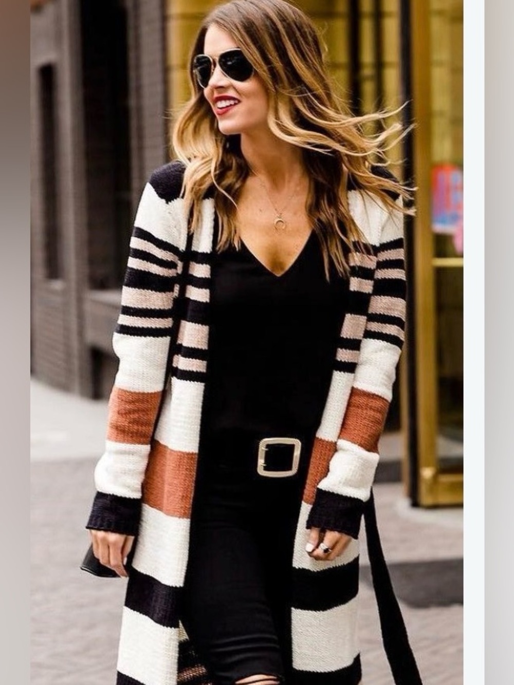 Moon River Striped Open-Front Cardigan in Black, White & Rust